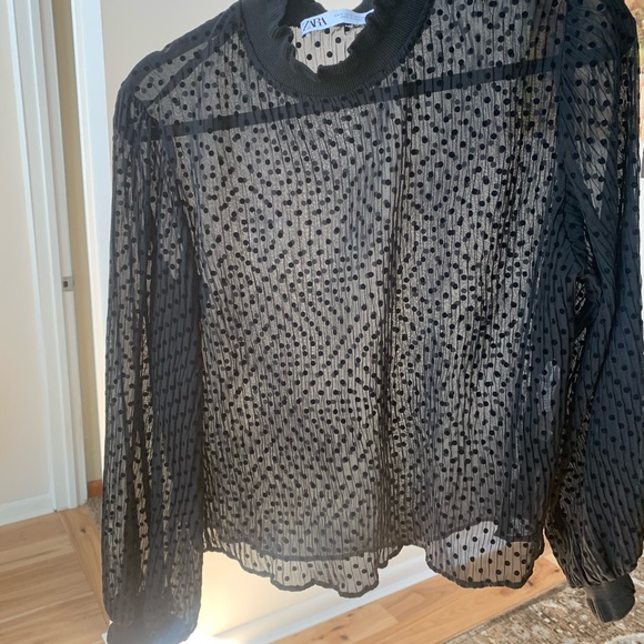 Zara Sheer Mock Neck Balloon Sleeve Top - Picture 7 of 8